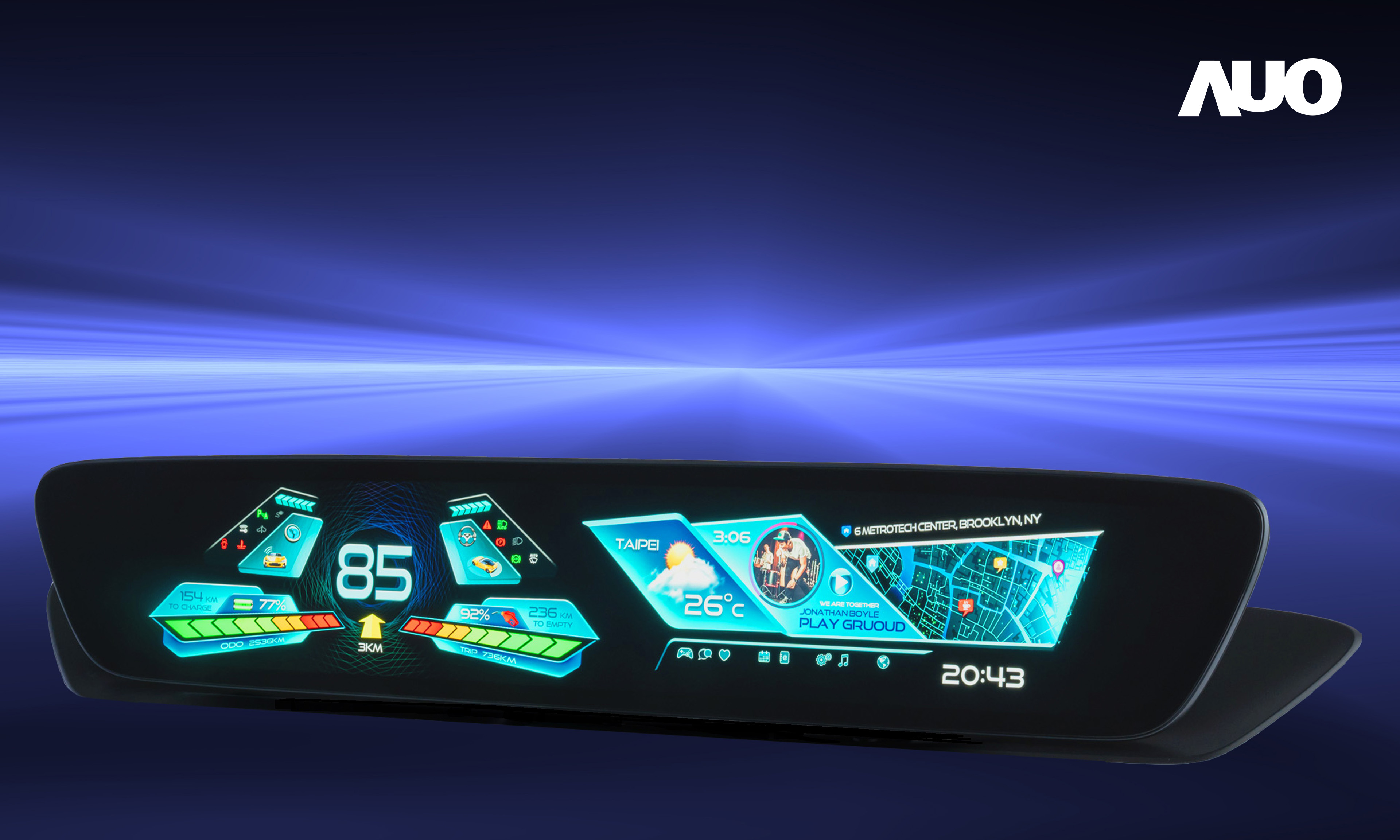 友達30.4吋異形曲面AmLED車載顯示系統，為一兼具儀表板及中控台人機介面的創新車載顯示系統，結合美學設計，提升車內科技沉浸感及使用體驗，讓車載顯示的未來應用更加多元化