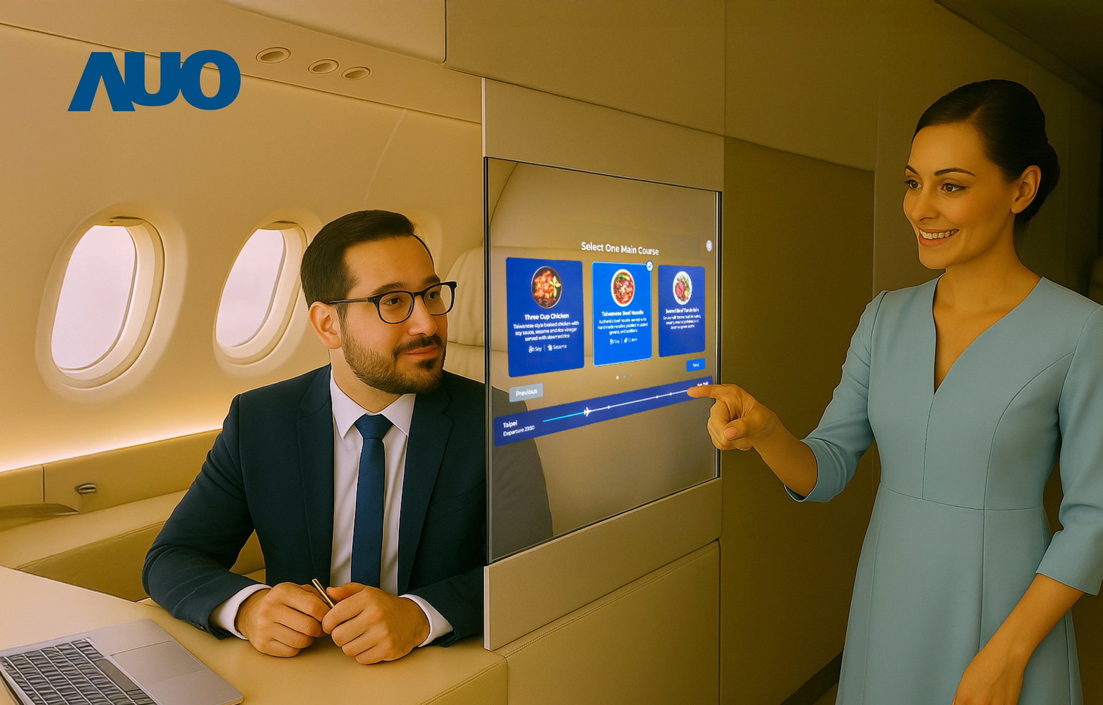 友達研發全球最薄17.3 吋雙面透明 Micro LED 顯示器，可在同一螢幕之雙邊投射不同資訊，創造獨特的「透明化」互動；圖為即時翻譯交流應用情境