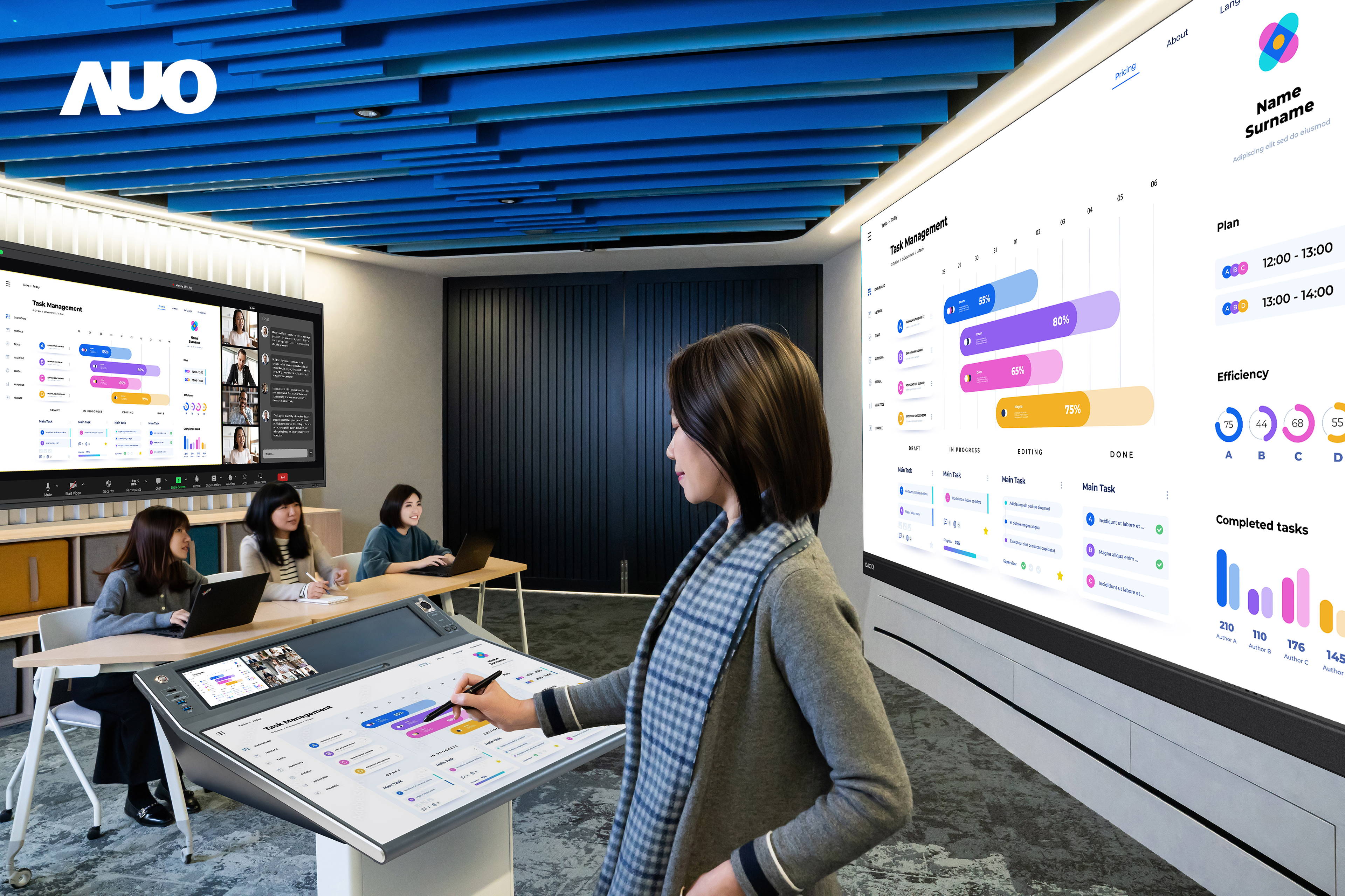 達擎攜手Avocor與Rise Vision展示全方位商務領域應用，包含採用模組化設計的138吋一體式All-in-One LED顯示器及具21:9超寬比例的92吋互動式電子白板（IFPD），講者可輕鬆分享內容，有效提升會議協作效率。